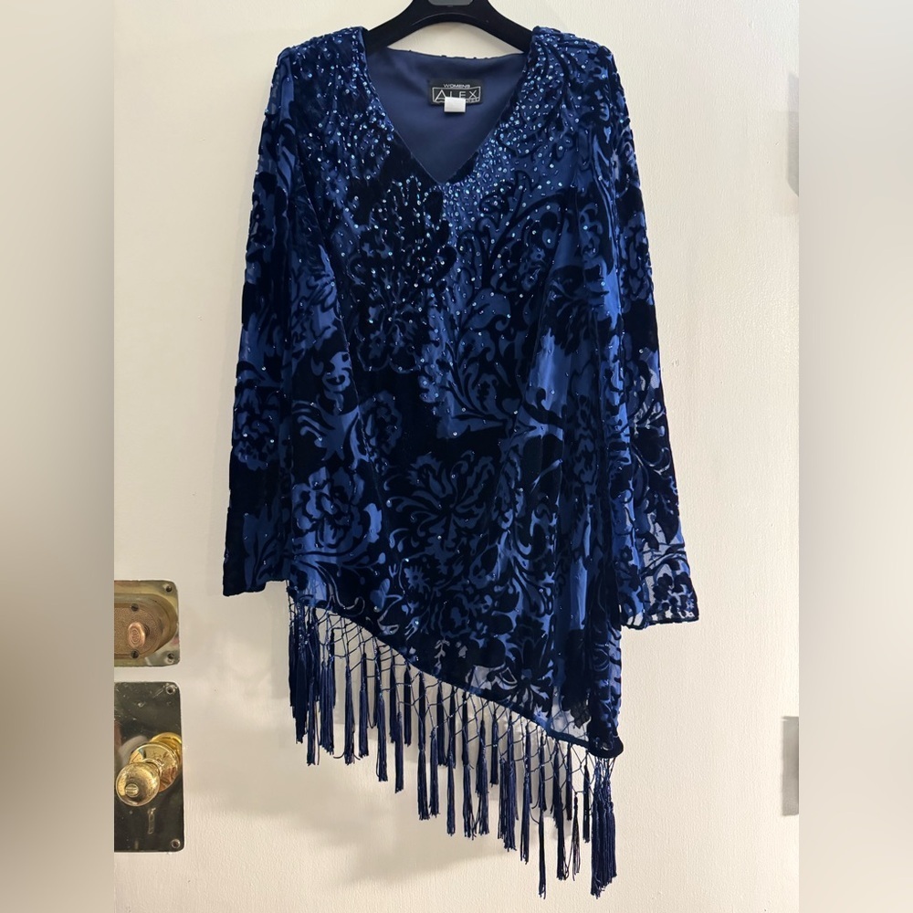 Vintage Alex Evenings Navy Blue Velvet Tasseled Fringe Dress XL